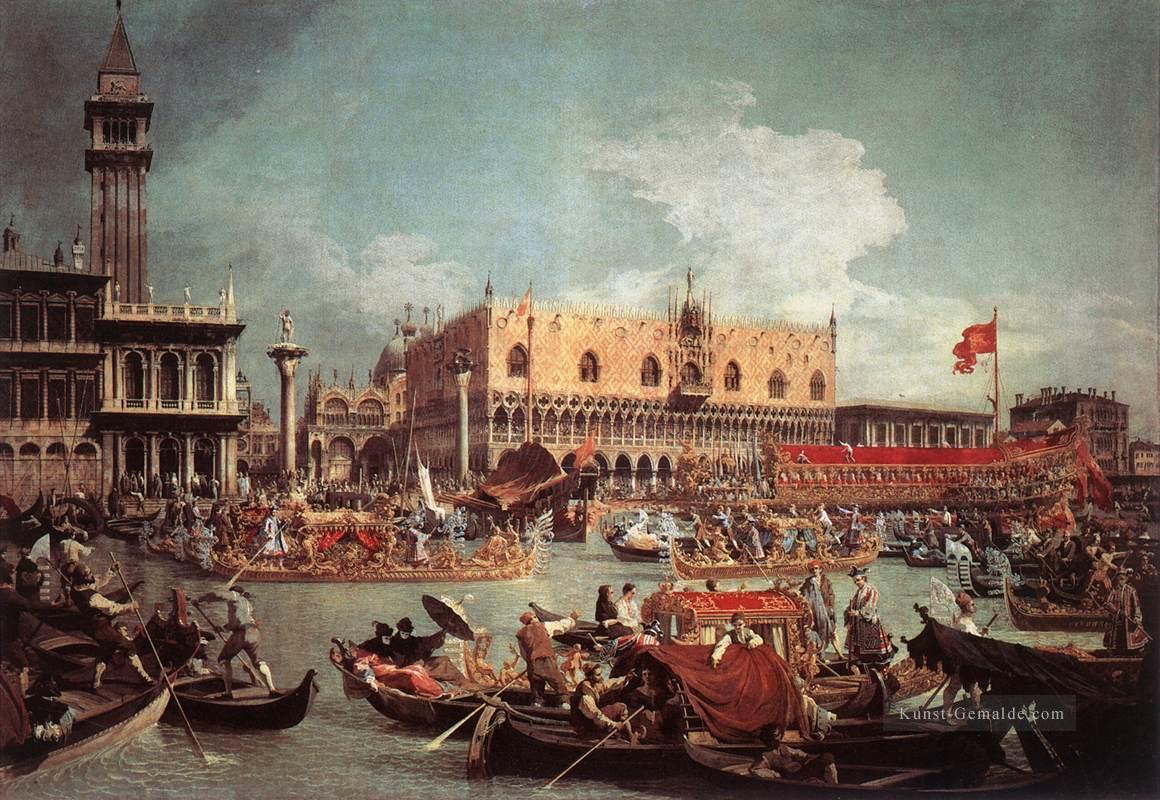 Der Bucintoro der Rückkehr zum Molo Am Himmelfahrtstag Canaletto Ölgemälde
